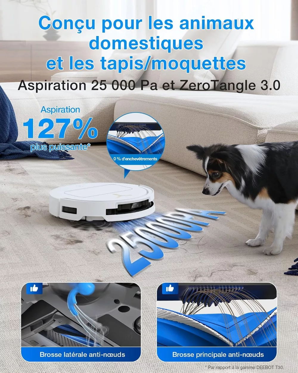 Aspiration 25 000 Pa et ZeroTangle 3.0 du Deebot T50 Pro Omni Gen3