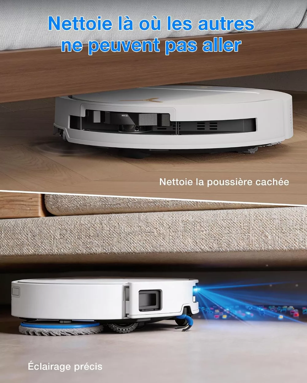 Ecovacs T50 Pro Omni Gen3 ultra-plat sous un meuble bas