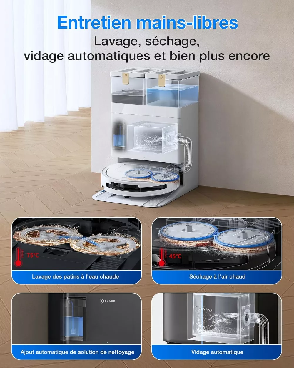 Station OMNI du T50 Pro Omni Gen3 : lavage 75 °C, séchage, vidage automatique