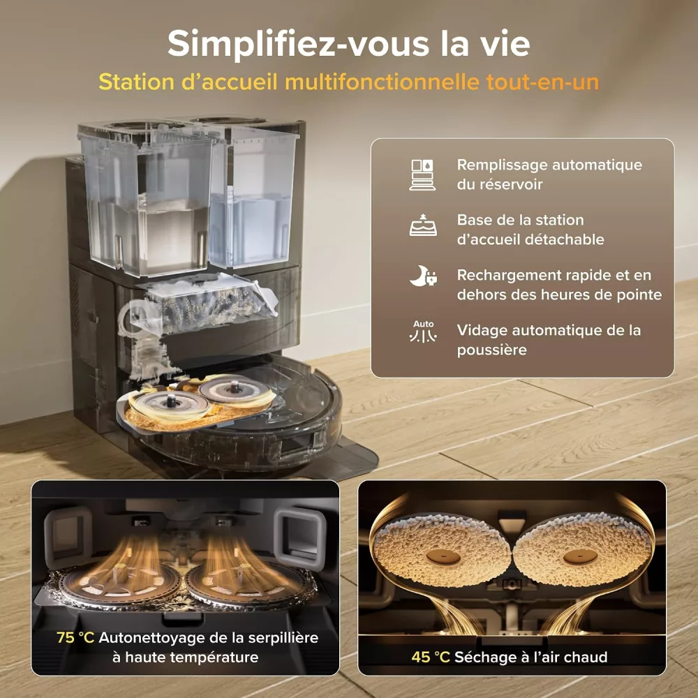 Station Roborock Qrevo S Pro : autonettoyage 75 °C et séchage 45 °C